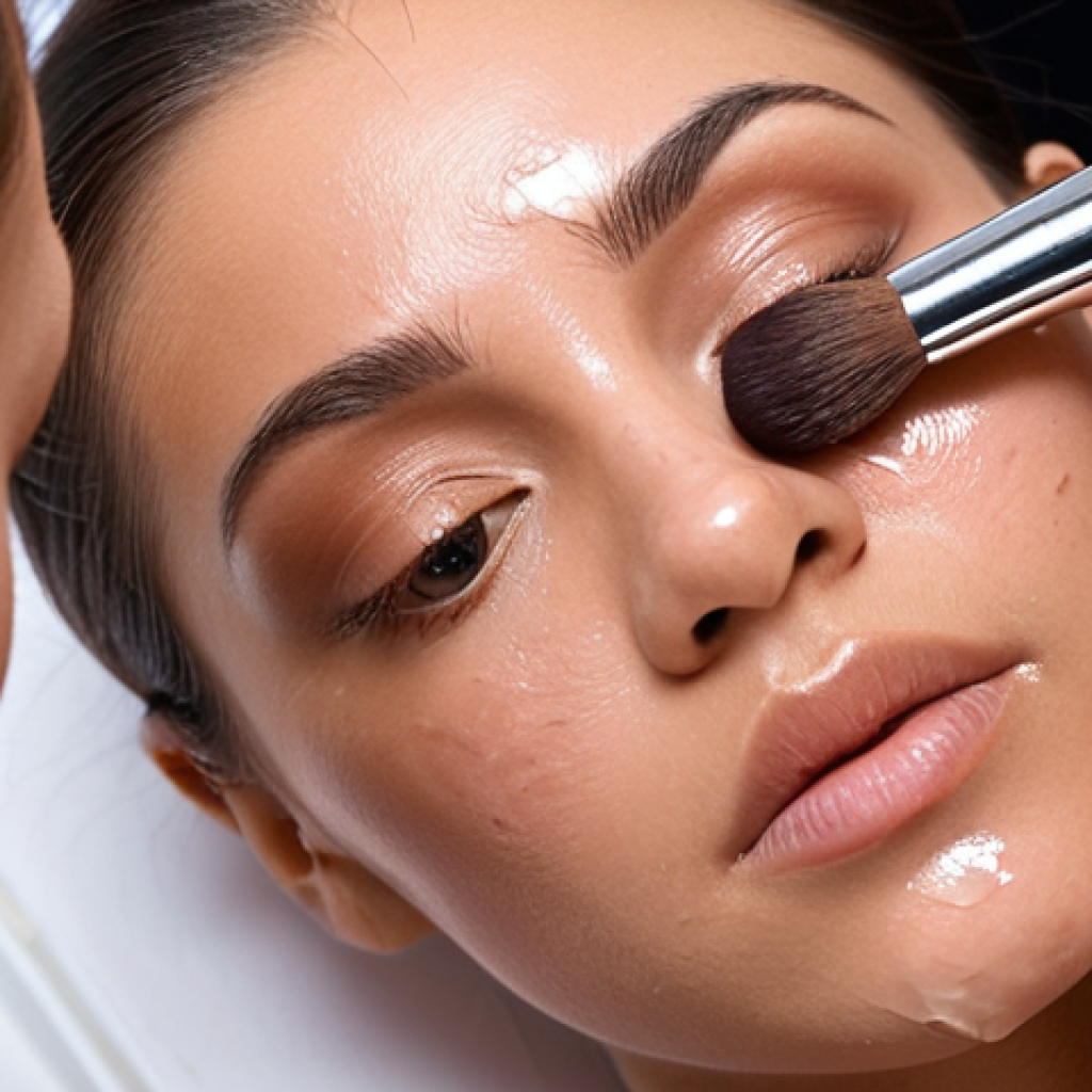 **Close-up shot of a makeup artist carefully analyzing a client's skin, highlighting different skin types (dry, oily, combination) and tools used for assessment like blotting paper. Soft, diffused lighting.**