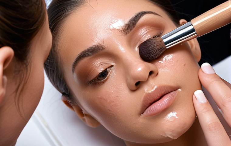 **Close-up shot of a makeup artist carefully analyzing a client's skin, highlighting different skin types (dry, oily, combination) and tools used for assessment like blotting paper. Soft, diffused lighting.**