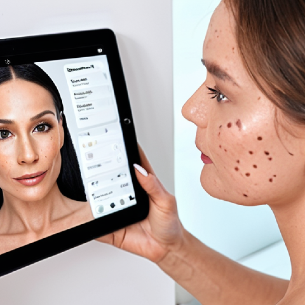 **Prompt:** A beauty consultant using AI software on a tablet to analyze a customer's skin, highlighting specific skin concerns like wrinkles and dark spots, with product recommendations displayed. Focus on a clean, modern aesthetic.