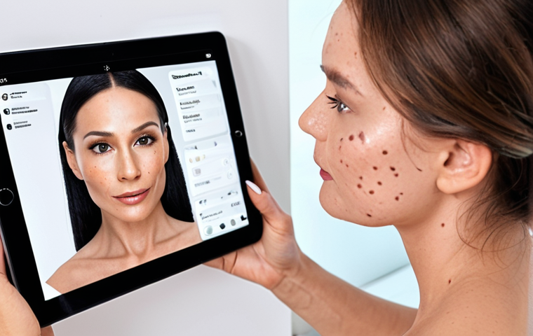 **Prompt:** A beauty consultant using AI software on a tablet to analyze a customer's skin, highlighting specific skin concerns like wrinkles and dark spots, with product recommendations displayed. Focus on a clean, modern aesthetic.