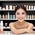 **

A smiling beauty consultant with flawless makeup, showcasing various skincare products on a well-lit counter in a modern beauty store in Bangkok. The focus is on her radiant skin and professional appearance. Include recognizable Thai skincare brands and elements of Thai culture subtly in the background.

**