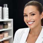 **Confident beauty consultant smiling.** A well-dressed beauty consultant with a friendly smile, engaging directly with the viewer, in a modern and clean beauty store setting. Focus on conveying trustworthiness and approachability.