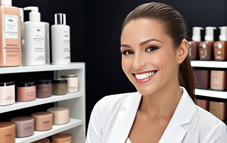 **Confident beauty consultant smiling.** A well-dressed beauty consultant with a friendly smile, engaging directly with the viewer, in a modern and clean beauty store setting. Focus on conveying trustworthiness and approachability.