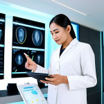 A professional female beauty consultant, of Thai ethnicity, in a modest business blouse and tailored trousers, standing next to a male client in a modern, brightly lit beauty clinic. She is using a high-tech skin analysis device on the client's face, displaying data on a sleek tablet screen. Both subjects have natural, professional expressions, focused on the consultation. The background is clean and minimalist, suggesting a high-end, expert environment. Fully clothed, appropriate attire, modest clothing, safe for work, appropriate content, professional, perfect anatomy, correct proportions, natural pose, well-formed hands, proper finger count, natural body proportions, professional photography, high quality.