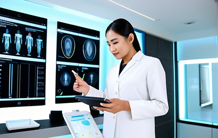 A professional female beauty consultant, of Thai ethnicity, in a modest business blouse and tailored trousers, standing next to a male client in a modern, brightly lit beauty clinic. She is using a high-tech skin analysis device on the client's face, displaying data on a sleek tablet screen. Both subjects have natural, professional expressions, focused on the consultation. The background is clean and minimalist, suggesting a high-end, expert environment. Fully clothed, appropriate attire, modest clothing, safe for work, appropriate content, professional, perfect anatomy, correct proportions, natural pose, well-formed hands, proper finger count, natural body proportions, professional photography, high quality.